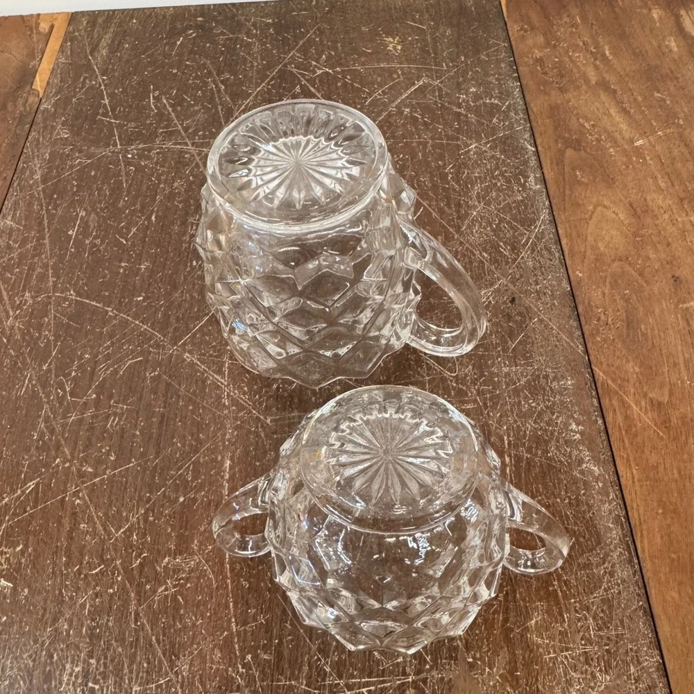 Vintage Clear‎ Glass Creamer & Sugar Set Cubist Pattern Serving Set